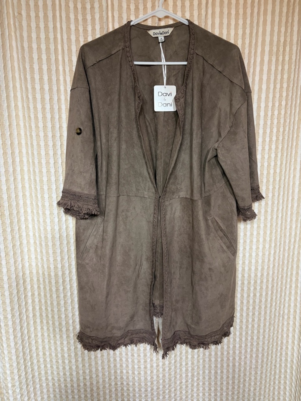 DAVI & DANI Taupe Suede-Look Fringe Cardigan